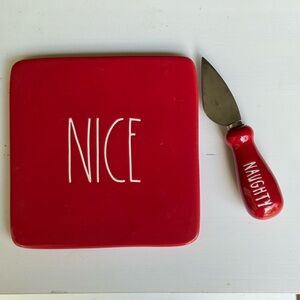Rae Dunn Red 'Nice' Plate and 'Naughty' Cheese Knife Set